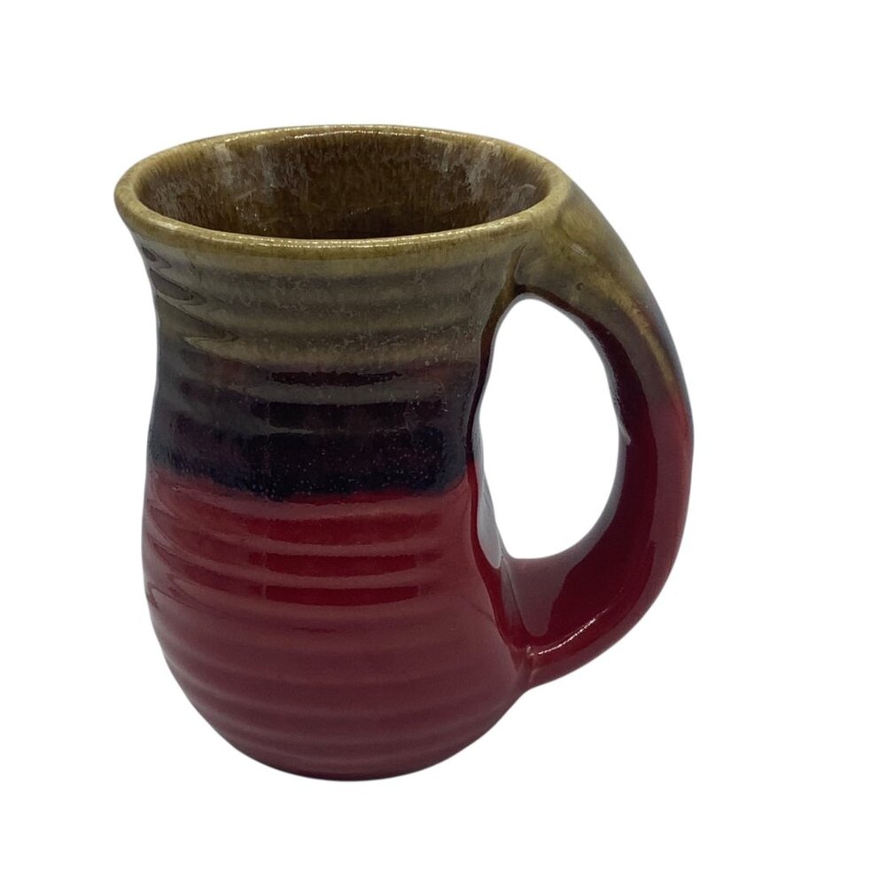 Glazed Pottery Hand Warmer Coffee Mug Earthy Red Brown Gradient Unique Handle 5"